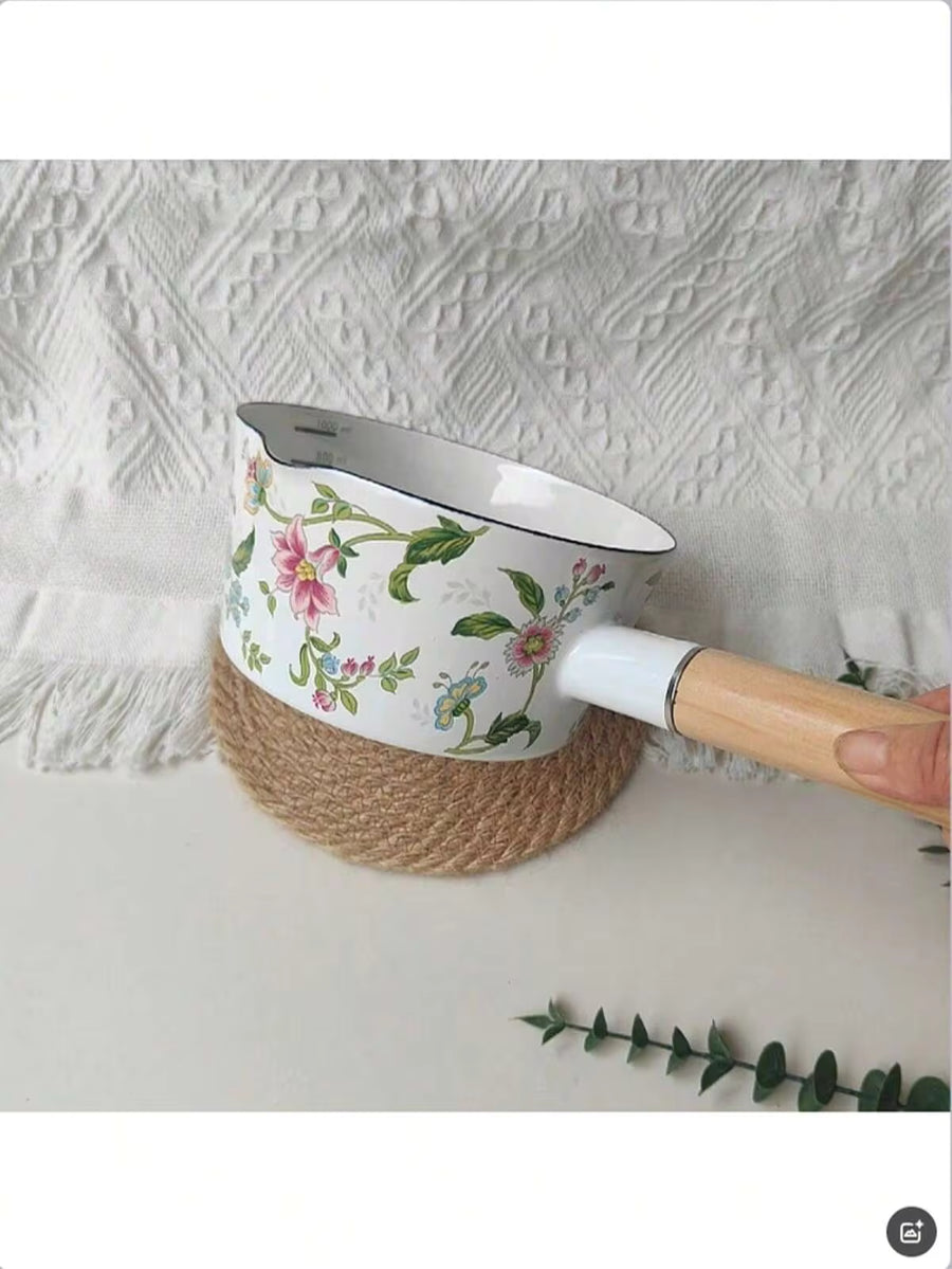 1pc Enamel Lip Edge Uncovered Spout Marked Single Handle Wood Handle Milk Pot, Cooking Noodles, Porridge For Babies, Enamel Vintage Style Single Handle Small Milk Pot, Cooking Soup, Noodles, Suitable For Induction, Gas Stove