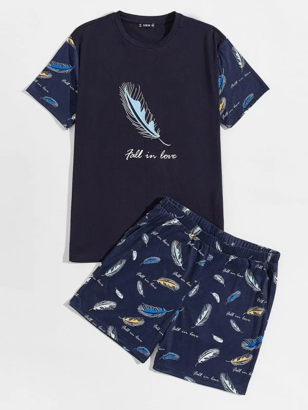 SHEIN Letter and Feather Print Top & Shorts Pj Set