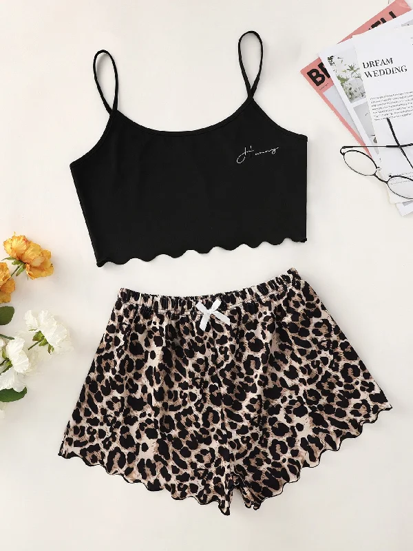 Letter Graphic Scallop Hem Cami Top And Leopard Shorts PJ Set