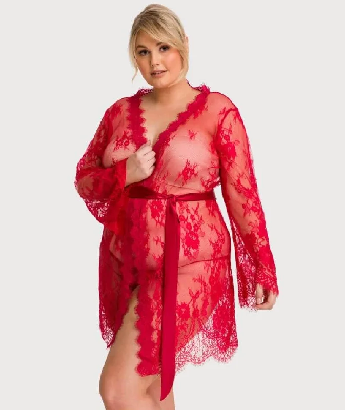 Curvy All Over Lace Long Sleeve Short Robe Sleepwear with Thong - Red