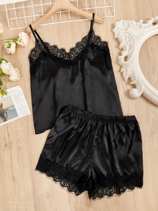 Plus Halloween Lace Trim Satin Cami Top & Shorts PJ Set / Pajama Set