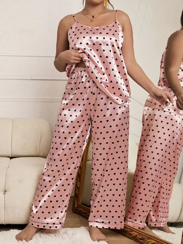 Plus Heart Print Satin PJ Set