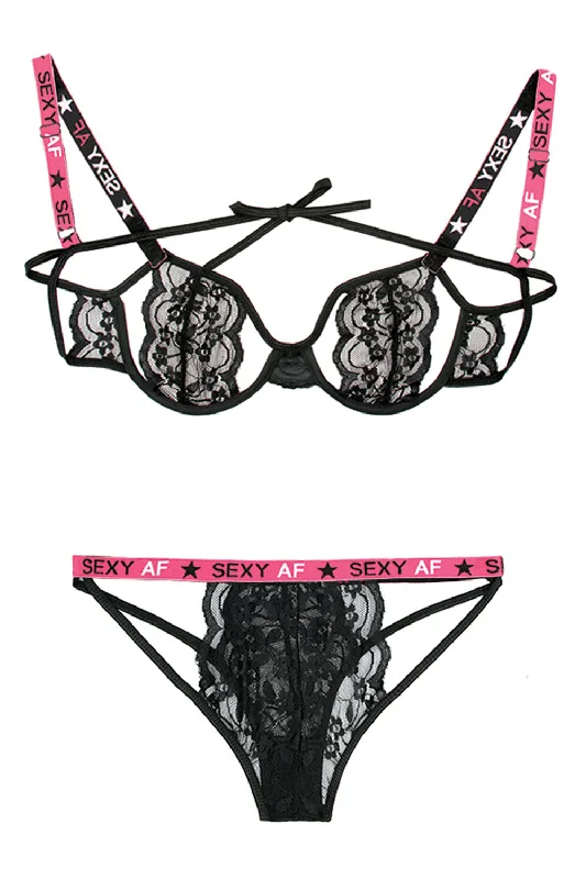 Sexy Af Cutout Bra & Panty Set - Pink/black - S/m