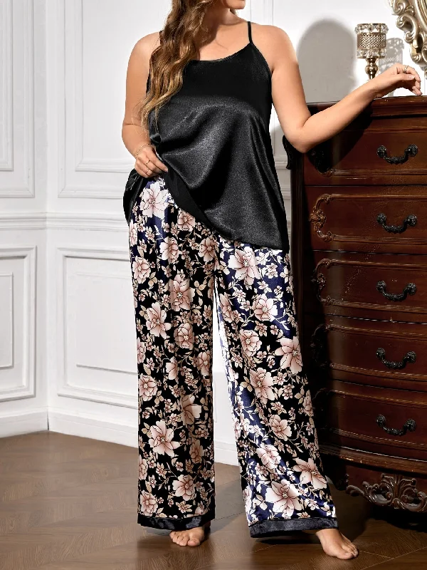 SHEIN Plus Floral Print Satin Cami Top & Pants PJ Set