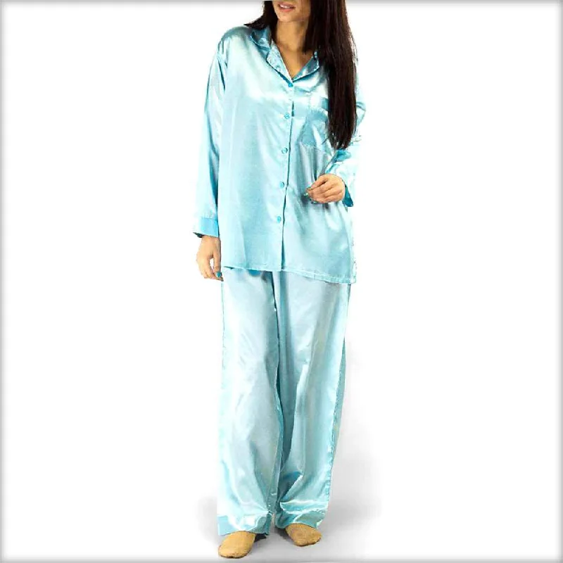 Sky Blue Polyester Solid Satin PJ Set