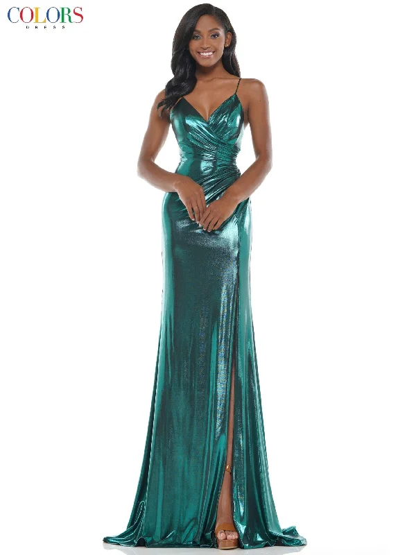 Colors 2635 Colors Long Spaghetti Strap Metallic Prom Gown