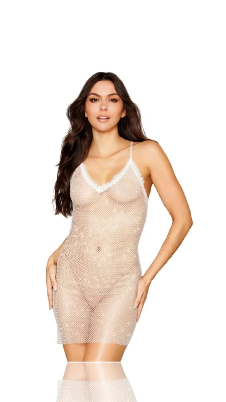 Rhinestone Chemise with Lace Trim White