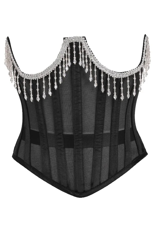 Top Drawer Steel Boned Sheer Underwire Waist Cincher w/Fringe