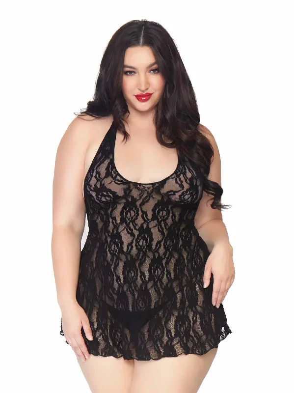 Plus Size Halter Rose Lace Chemise Black