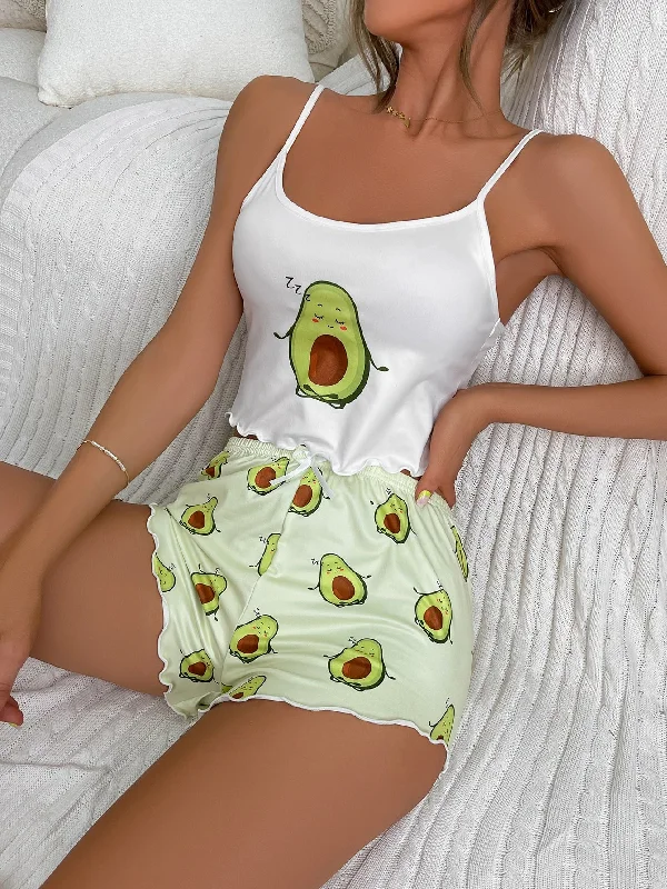 Cartoon Graphic Lettuce Trim White Cami Top & Shorts PJ Set / Pajama Set