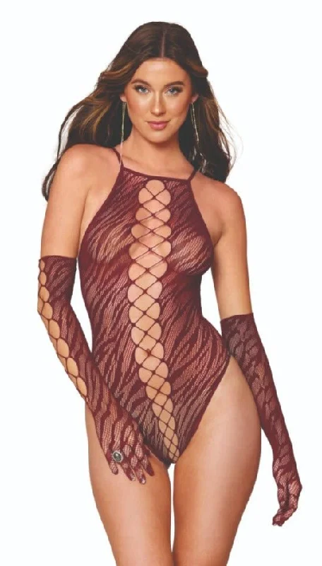 Sexy Zebra Print Fishnet Teddy Set with Gloves