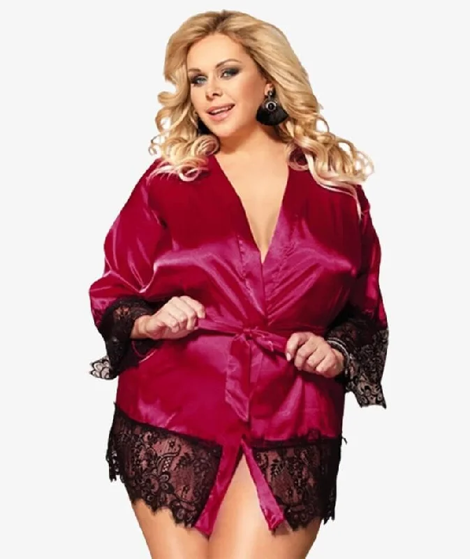 Curvy Elegant Satin Eyelash Lace Long Sleeve Short Robe Sleepwear with Thong - Red