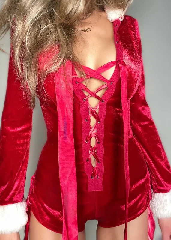 Y2K Sexy Jingle Bell Rock Cheeky Hooded Velvet Romper - Coquette Vintage