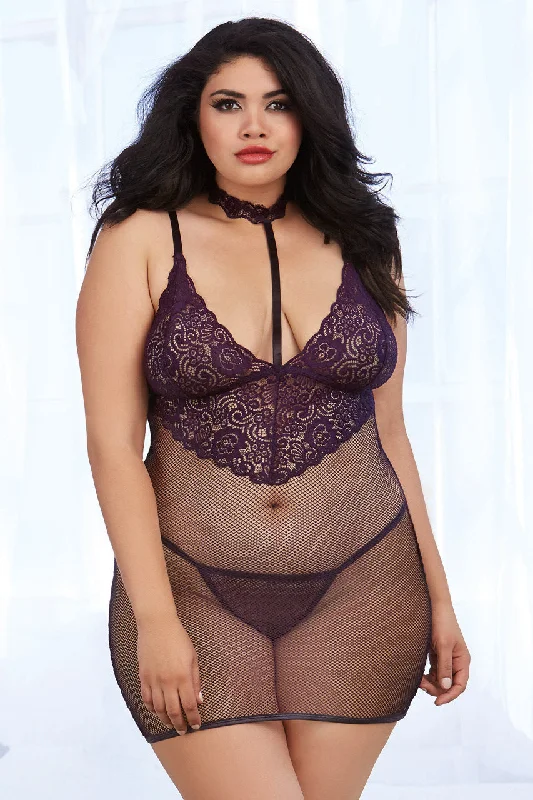 Plus Size Fishnet and Lace Collared Chemise