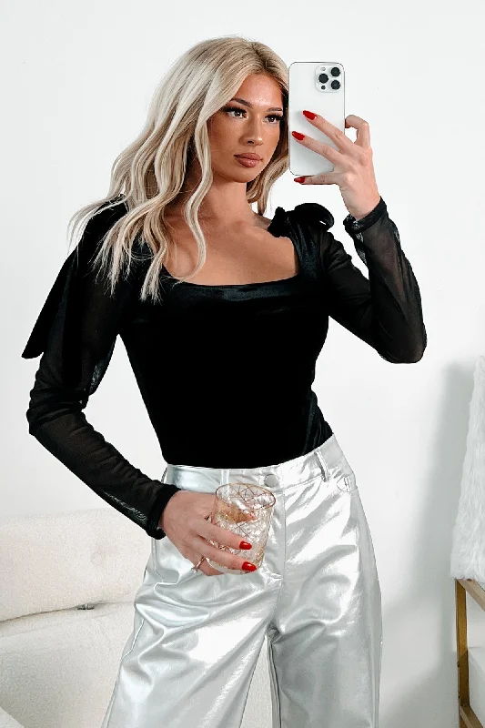 Luxe Mentality Sheer Sleeve Velvet Bodysuit (Black)