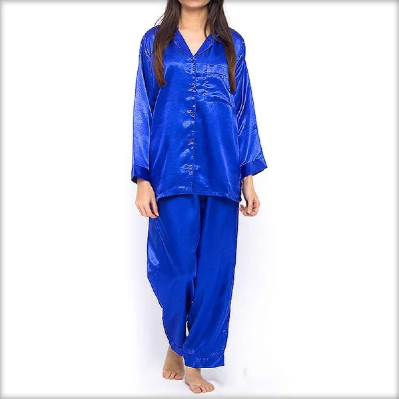 Royal Blue Polyester Solid Satin PJ Set