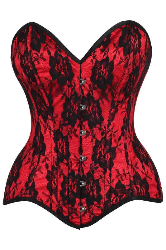 Top Drawer Red Satin w/Black Lace Overlay Steel Boned Overbust Corset