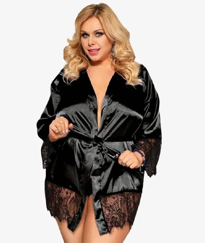 Curvy Elegant Satin Eyelash Lace Long Sleeve Short Robe Sleepwear with Thong - Black