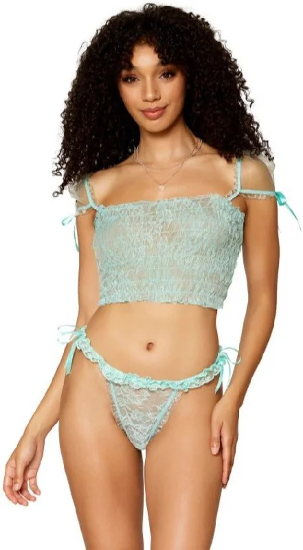 Mint Delight Lace Smocking Camisole and Thong Set