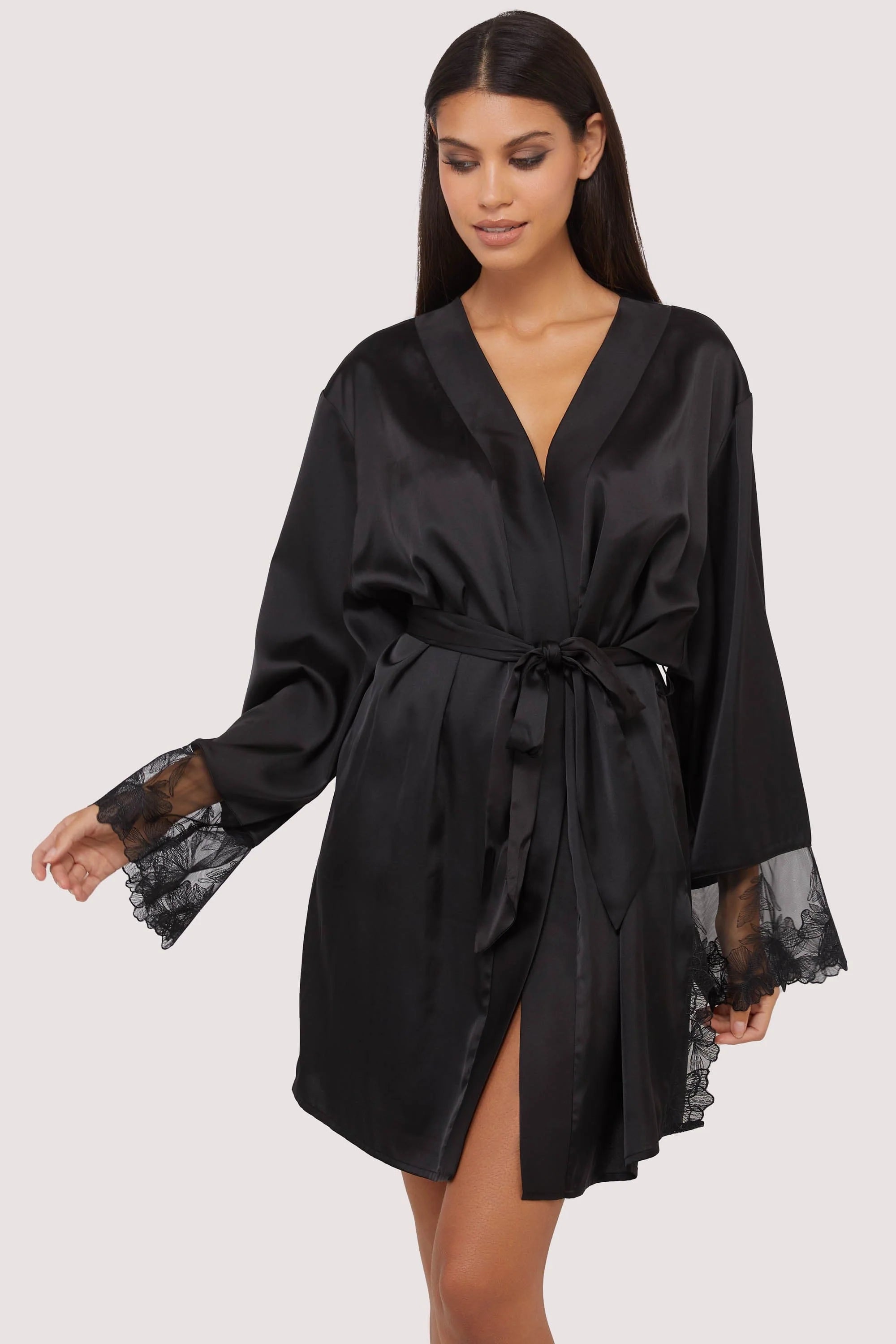 Eleanor Black Satin And Embroidery Robe In Black - Playful Promises