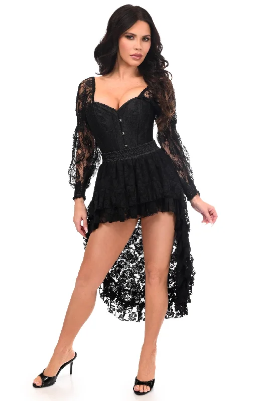 Top Drawer 2 PC Black Lace Steel Boned Corset & Lace Skirt Set