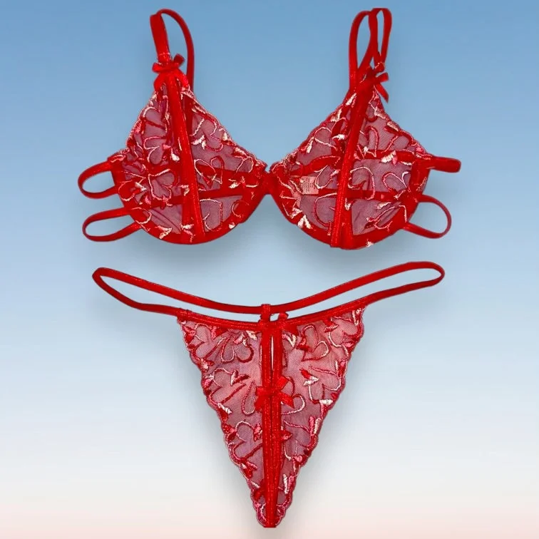 Y2K Red Hot Peekaboo Lingerie Bra + Thong Panty Sexy Set