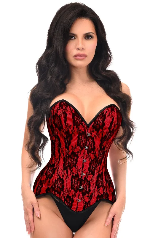 Top Drawer Red Satin w/Black Lace Overlay Steel Boned Overbust Corset