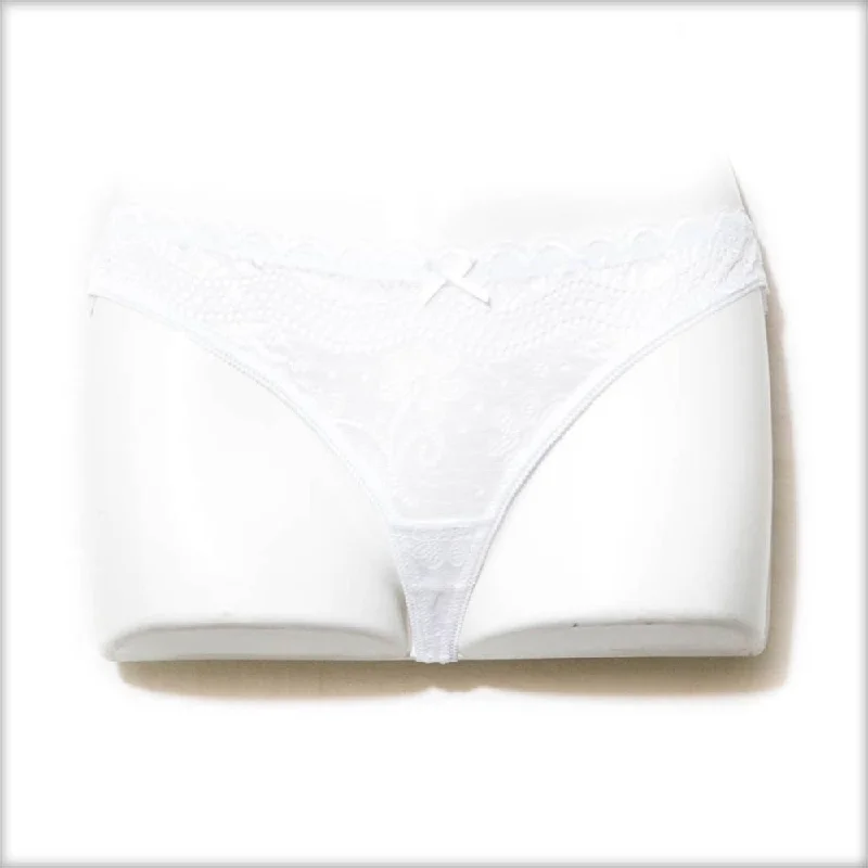 Women White Spandex Net Trim Thong 5479