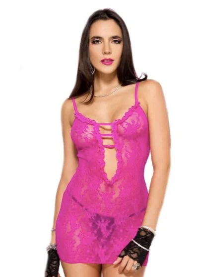 Ruffle Trim Deep-V Lace Chemise Fuchsia