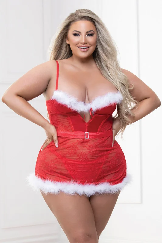 Plus Size Holiday Lace and Marabou Chemise