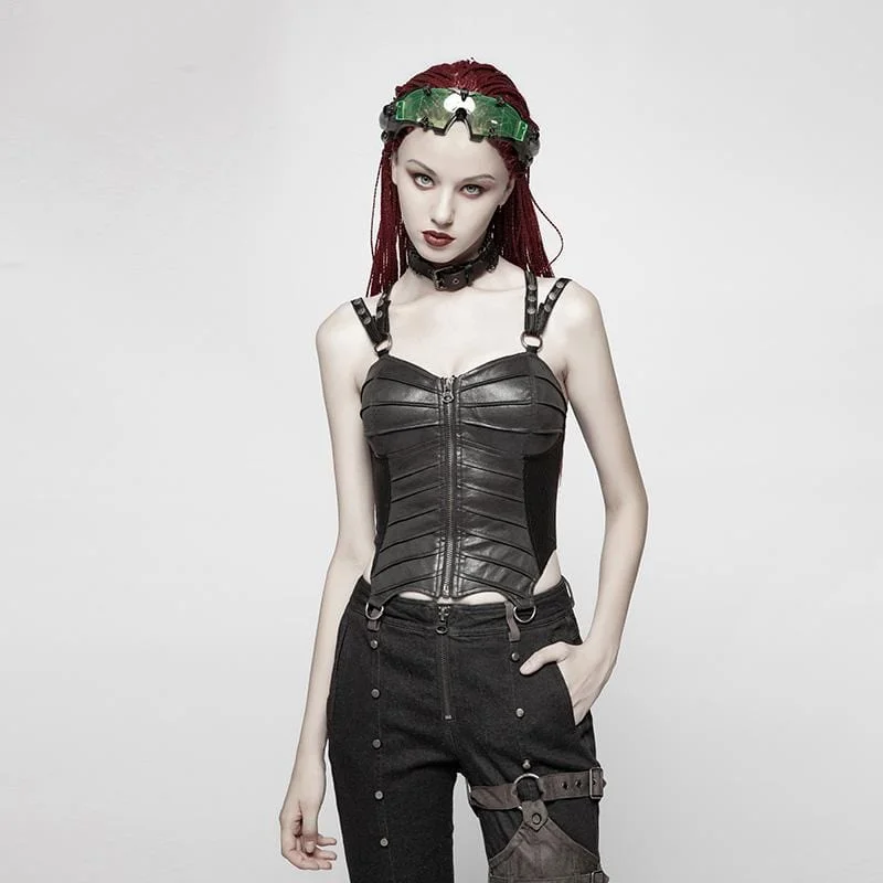 Women's Punk Faux Leather Halterneck Front Zipper Overbust Corsets