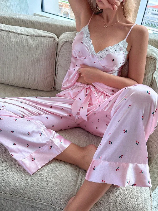 Floral Print Lace Trim Satin Cami Top & Pants PJ Set