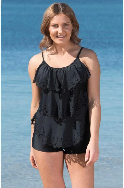 Laser Cut Ruffle Tankini Top (Black)