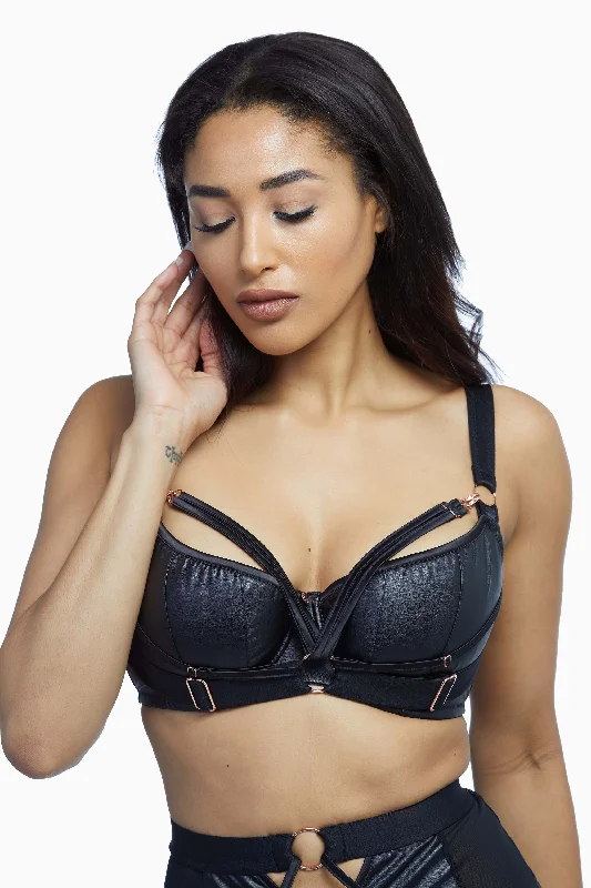 Black Harnessed Padded Half Cup Bra