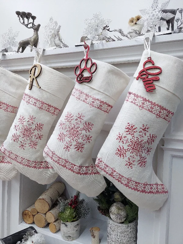 22" Cross Stitch Snowflake Country Farmhouse Christmas Stocking | Red Ivory White Simple Elegant Holiday Cottage Decor Vintage Traditional