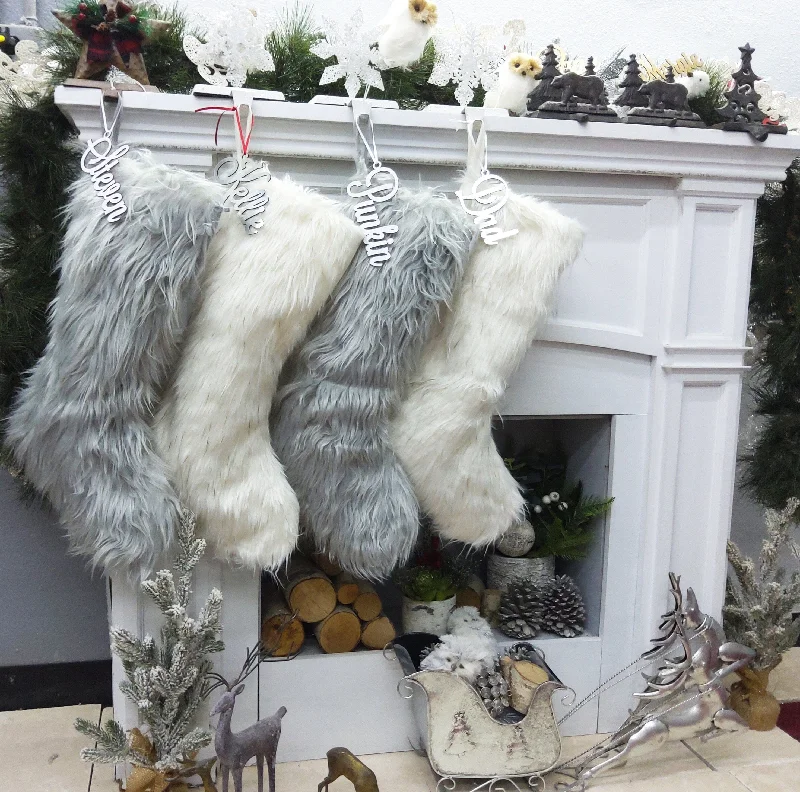 23" Faux Fur Christmas Stockings  White Ivory Grey Long Fur Personalized with Cutout Wood Name Tag Lodge Woodland Custom Xmas Decor