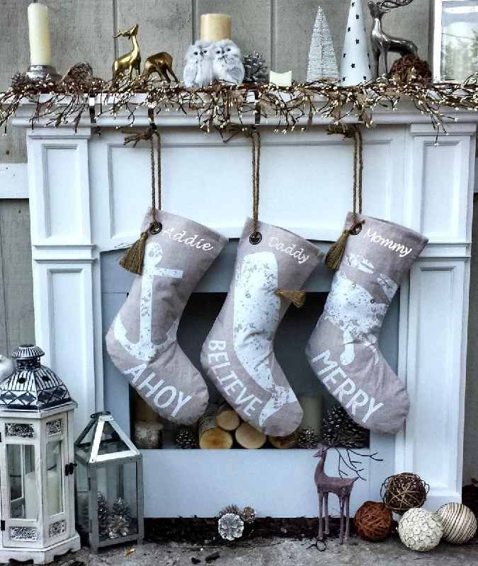 Beach House Cottage Christmas Stockings Anchor Whale Crab White Beige Primitive Coastal Stocking Personalized Embroidered Christmas