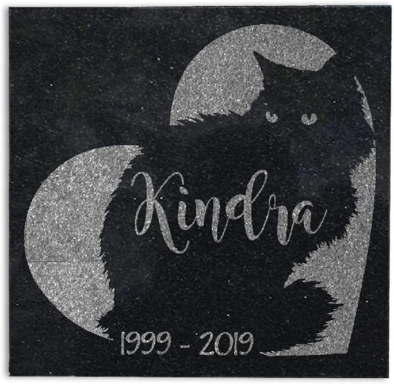 Personalized Black Cat Memorial Stone Engraved Absolute Black Granite | Long Hair Cat