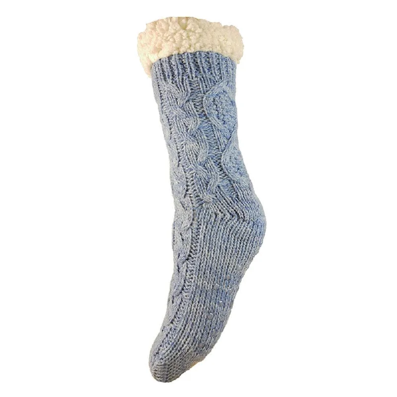 Blue fleece lined cable knit slipper socks