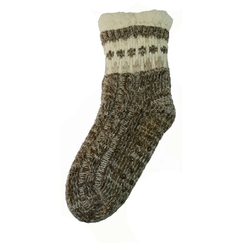 Brown patterned fleece lined cable knit slipper socks