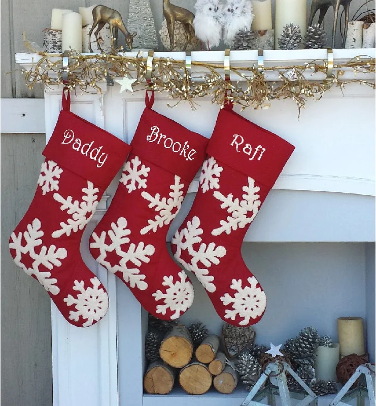 Dark Red Wine Tufted 3D Snowflake Personalized Christmas Stockings Elegant Large Personalized Christmas Stockings Embroidered Monogram Names