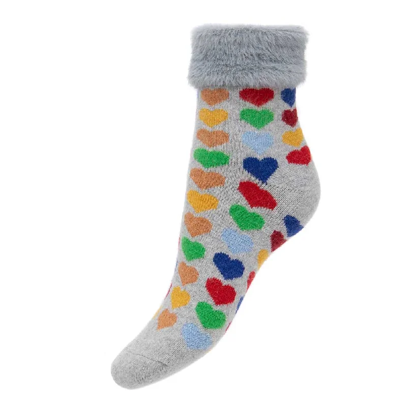 Grey cuff socks with multi coloured hearts and faux fur cuff