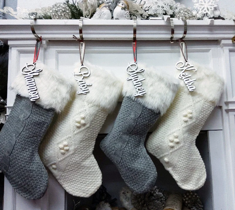 Ivory 20 Inch Cable Knit Christmas Stockings with Faux Fur Cuff Personalized with Cutout Wood Name Tag Custom Family Holiday