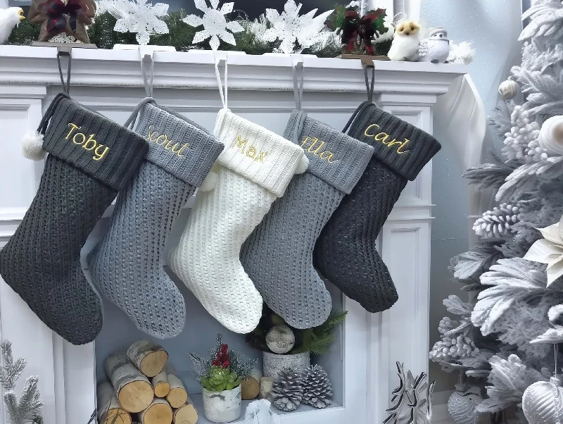 Modern Cable Knit Christmas Stockings Smoky, Ivory, Grey Personalized  Name Tag Custom Xmas Stocking Decor