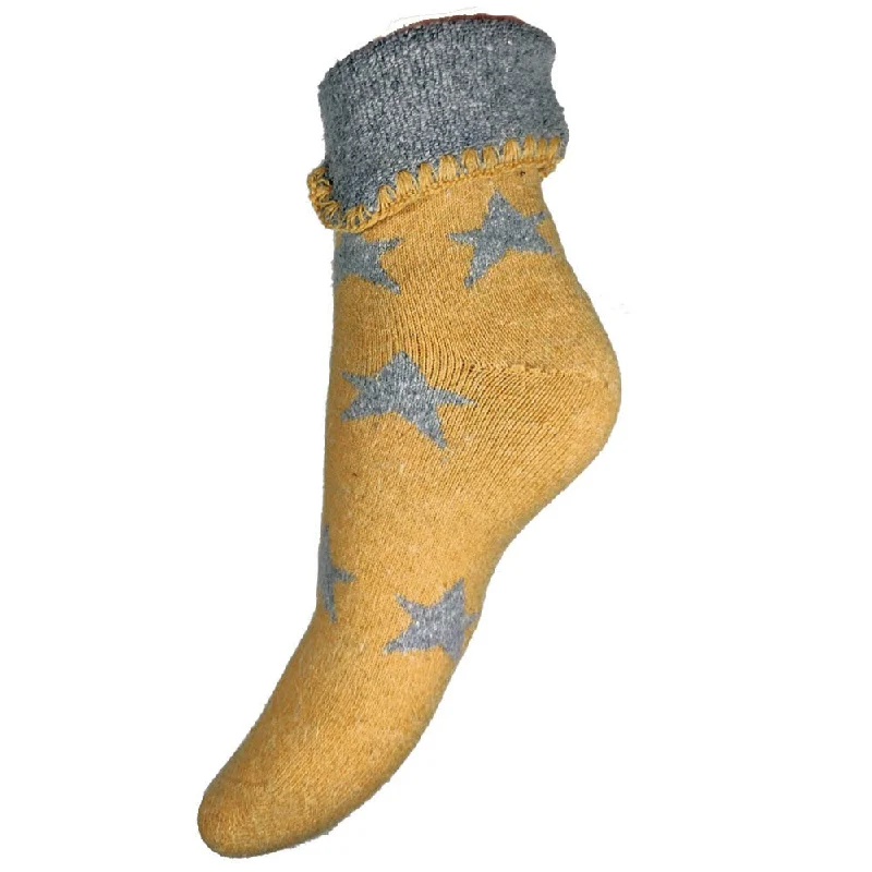 Mustard Cuff Socks With Grey Stars