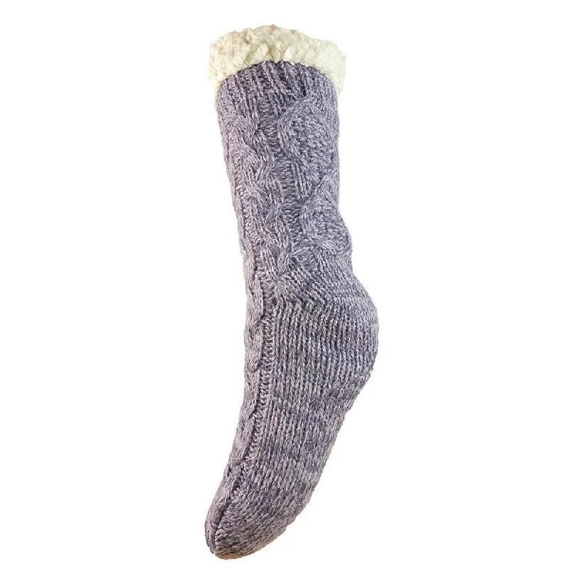 Purple fleece lined cable knit slipper socks