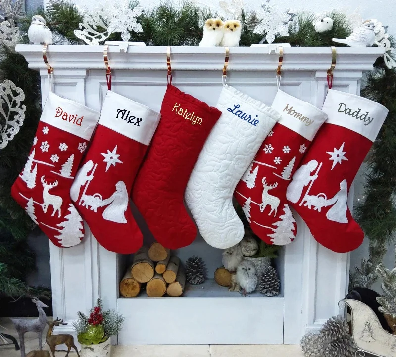 Nativity Christmas Stocking Red and White Silent Night Deer Ruffle and Chain Stitched Stockings Embroidered or with Cutout Wood Name Tag Christmas Stockings