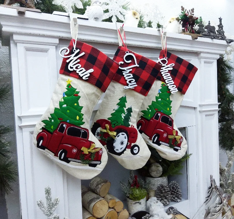 Red Christmas Truck Personalized Christmas Stockings Buffalo Plaid Cuff | Farm Tractor Farmhouse Tree Design | Trend Name Tags - Embroidery